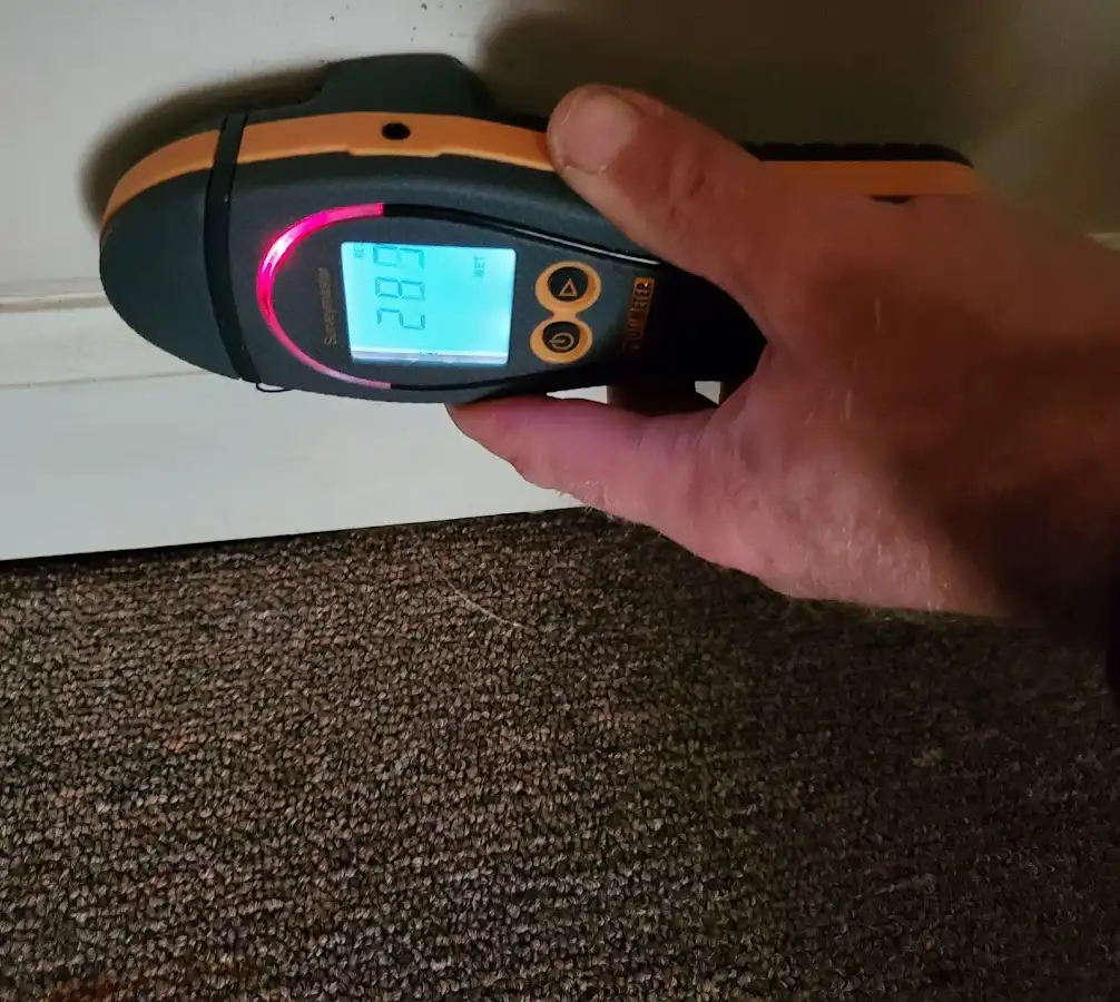 Moisture detection at baseboard during Storm Damage Restoration in River Rouge